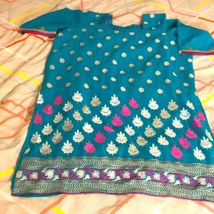 Kurta only turquoise embroidery front short sleeves india pakistan punjabi kamiz
